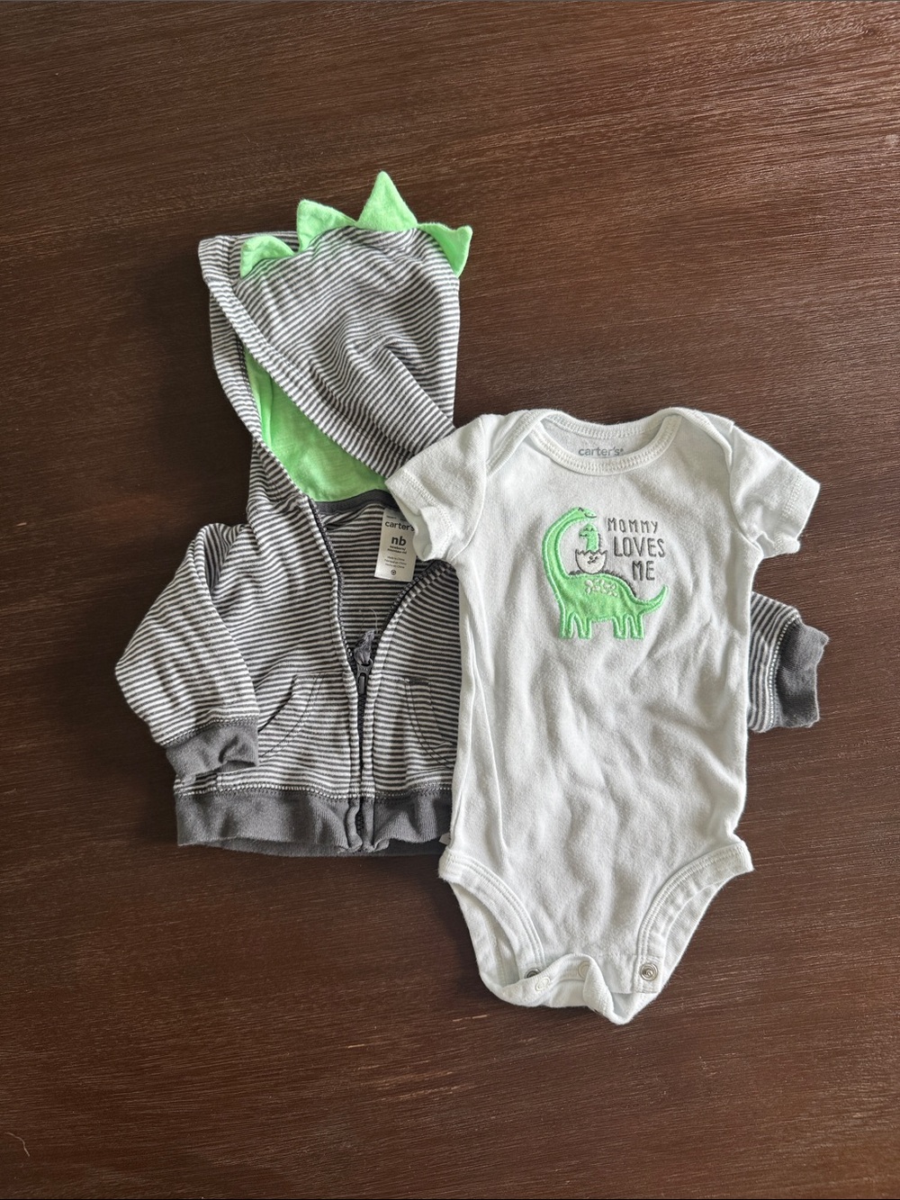 Carter's White Bodysuit & Gray Striped Hoodie Set with Green Dino Accents